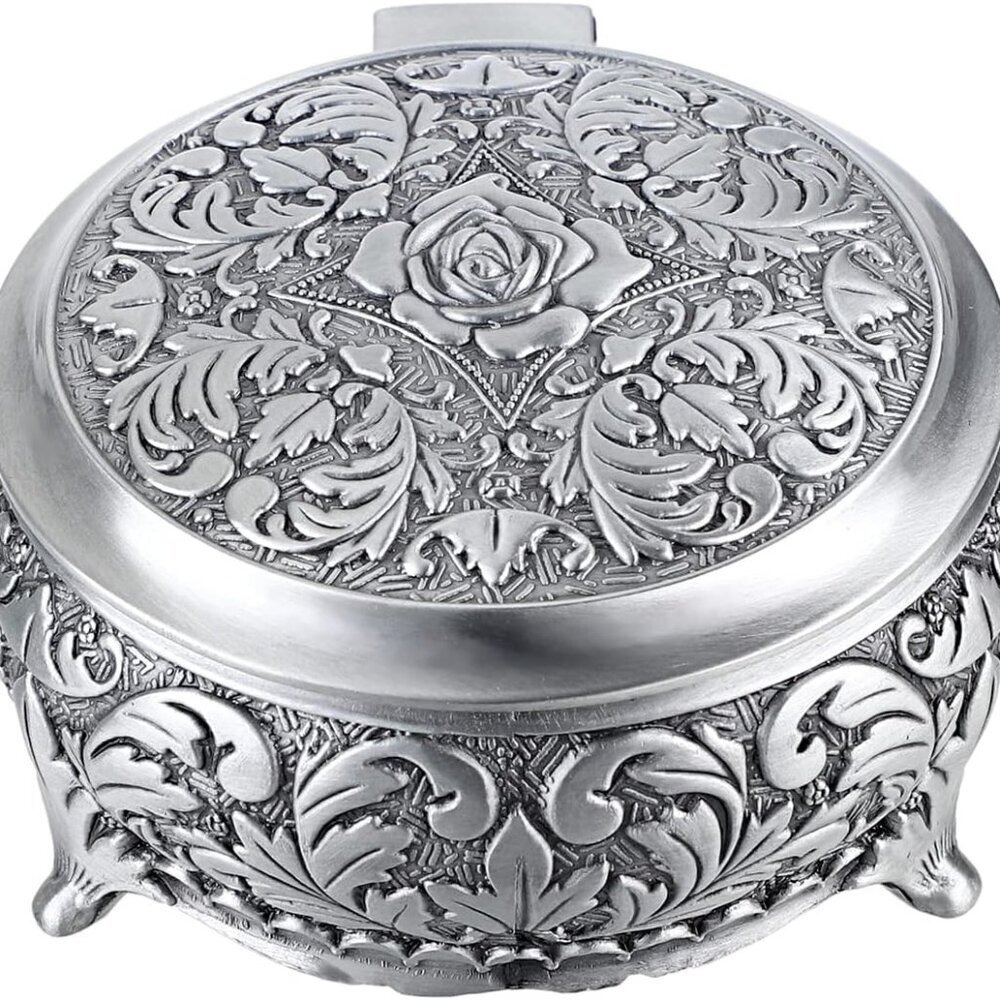 Metal Jewelry Box Vintage Ring Holder Trinket Organizer Small Round Earring Neck